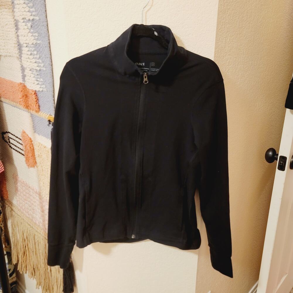PACT ORGANIC COTTON BLEND FULL ZIP UP TRACK JACKET IN BLACK, SZ MEDIUM